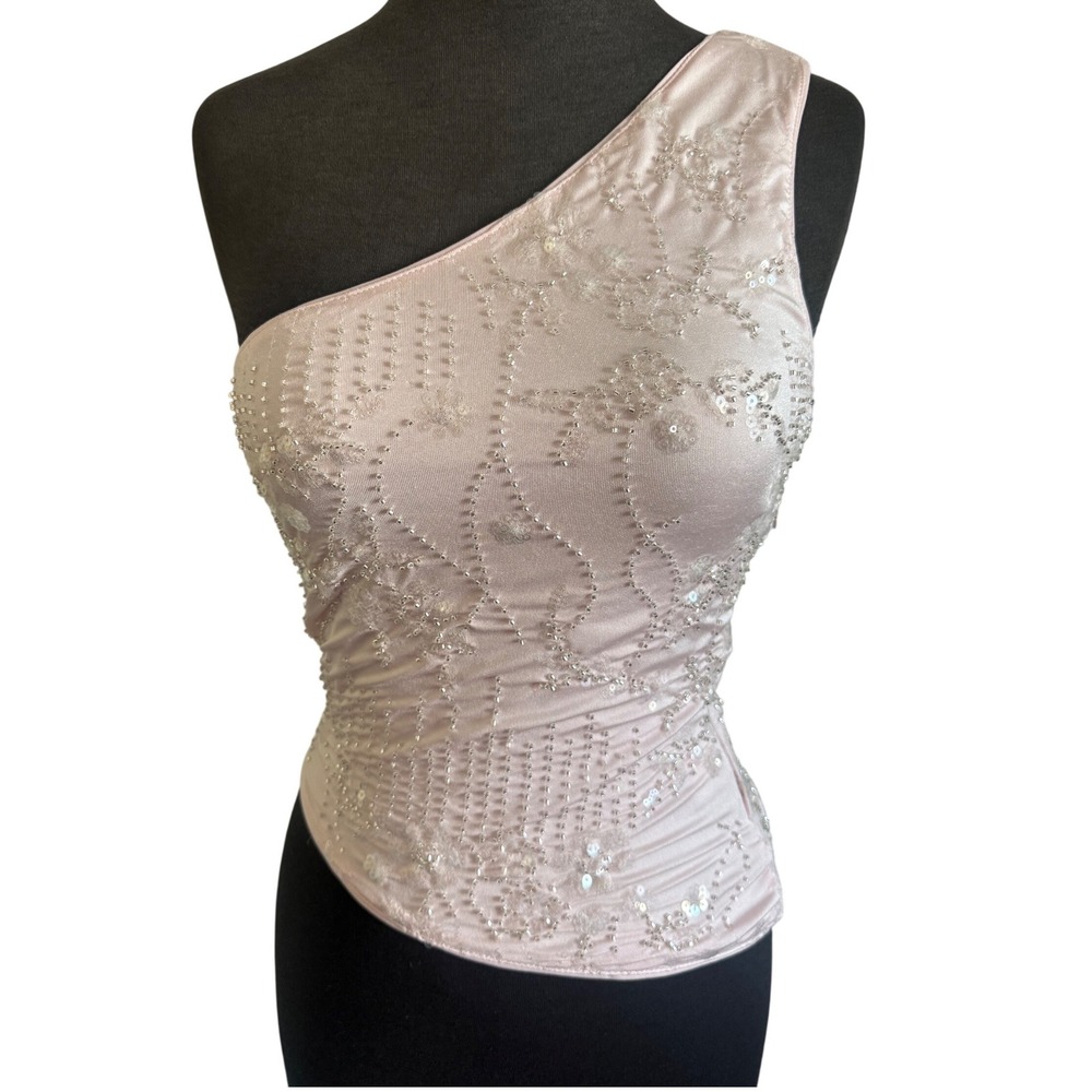 House of Thread Pink One Shoulder Sequin Beaded Top Womens Large Asymmetric